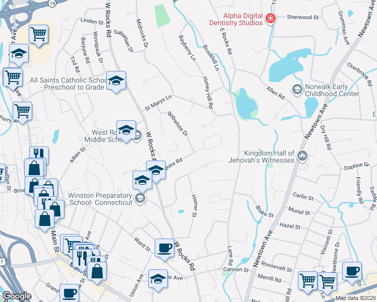 map of restaurants, bars, coffee shops, grocery stores, and more near 10 Esquire Road in Norwalk