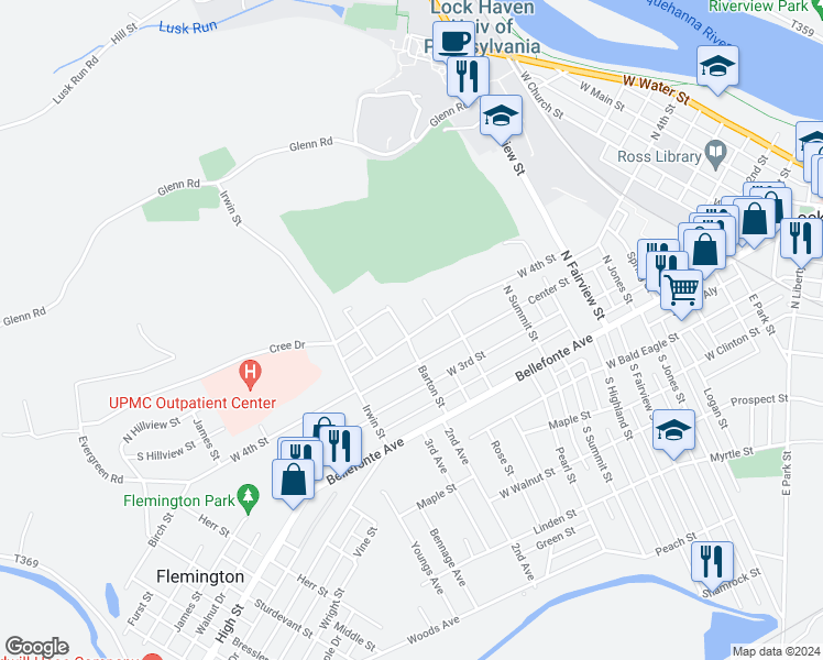 map of restaurants, bars, coffee shops, grocery stores, and more near 335 Center Street in Lock Haven