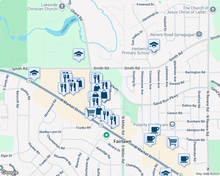 map of restaurants, bars, coffee shops, grocery stores, and more near 2820 Sand Run Parkway in Fairlawn
