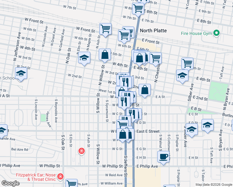 map of restaurants, bars, coffee shops, grocery stores, and more near 100-198 S Vine St in North Platte