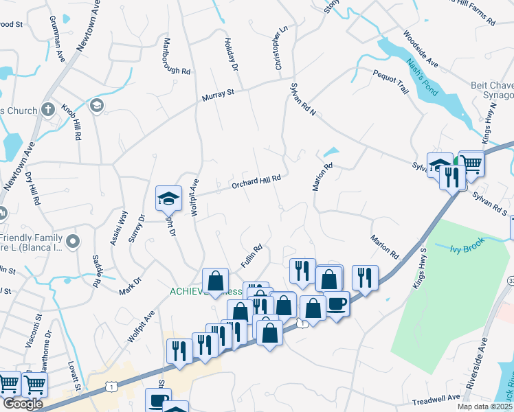 map of restaurants, bars, coffee shops, grocery stores, and more near 23 Orchard Hill Road in Norwalk