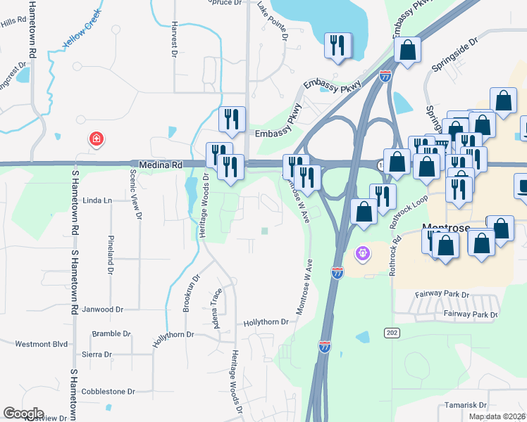 map of restaurants, bars, coffee shops, grocery stores, and more near 2950 Heritage Center Drive in Akron