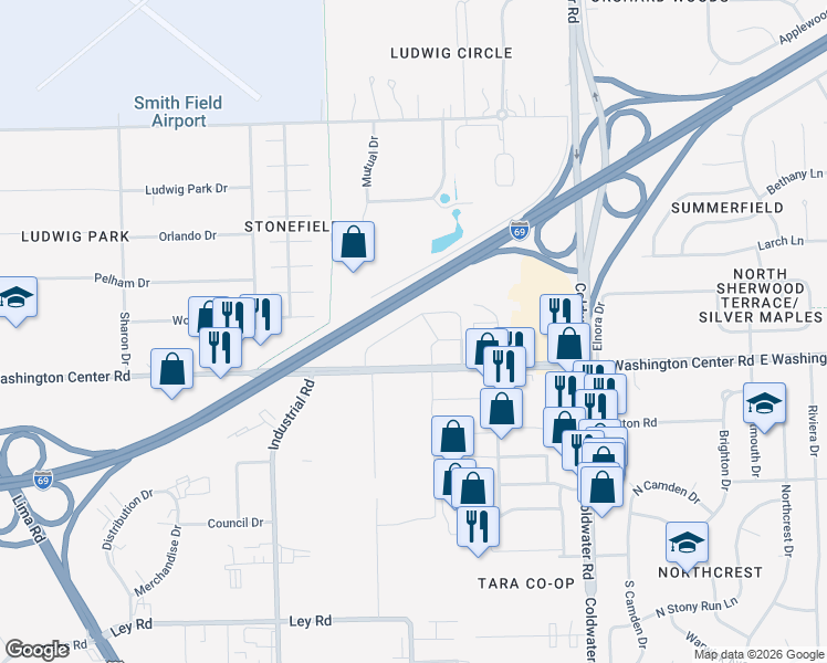 map of restaurants, bars, coffee shops, grocery stores, and more near 262 West Washington Center Road in Fort Wayne