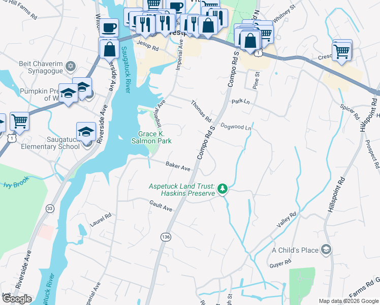 map of restaurants, bars, coffee shops, grocery stores, and more near 98 Compo Road South in Westport