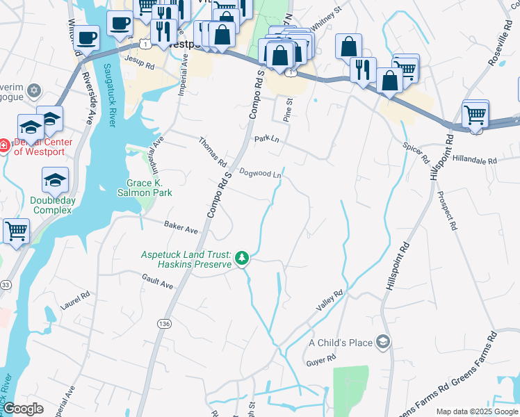 map of restaurants, bars, coffee shops, grocery stores, and more near 10 Over Rock Lane in Westport