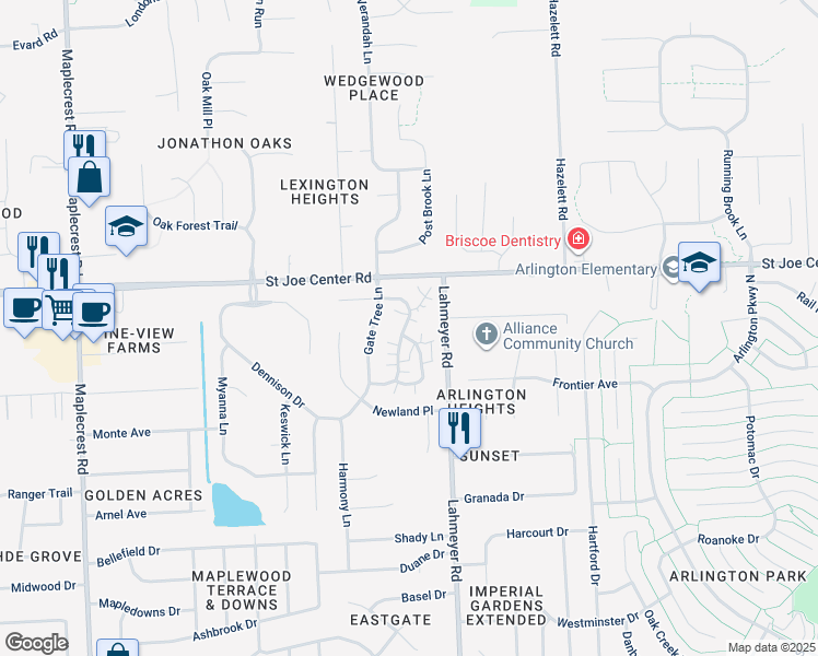 map of restaurants, bars, coffee shops, grocery stores, and more near 5742 Thornbriar Lane in Fort Wayne