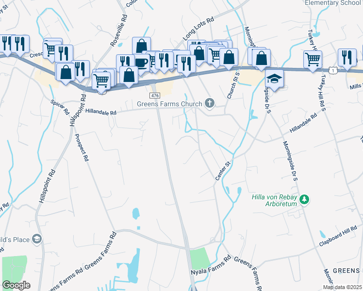 map of restaurants, bars, coffee shops, grocery stores, and more near 3 Wynfromere Lane in Westport