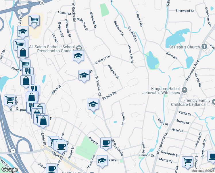 map of restaurants, bars, coffee shops, grocery stores, and more near 14 Crocus Lane in Norwalk