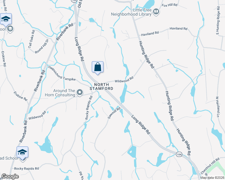 map of restaurants, bars, coffee shops, grocery stores, and more near 136 Wildwood Road in Stamford