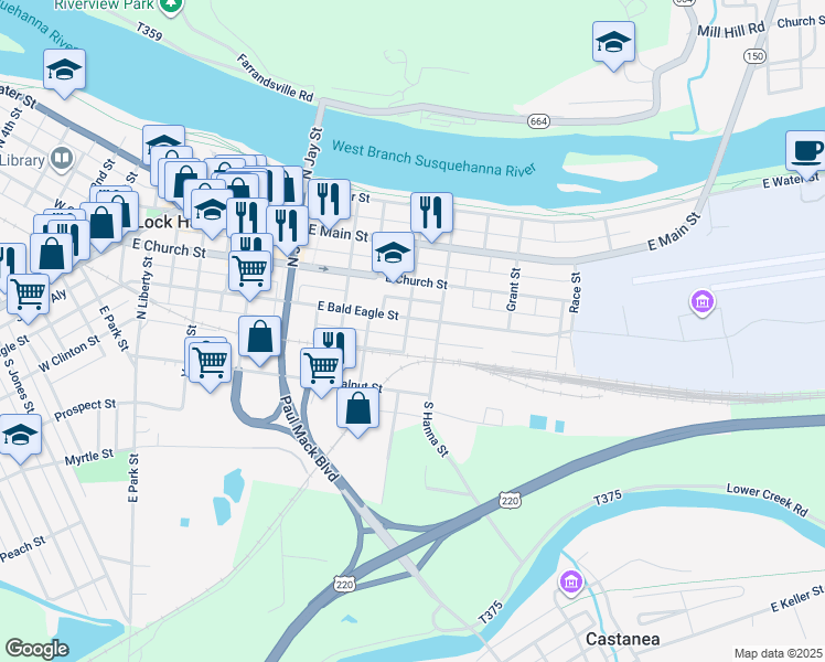 map of restaurants, bars, coffee shops, grocery stores, and more near 509 East Bald Eagle Street in Lock Haven