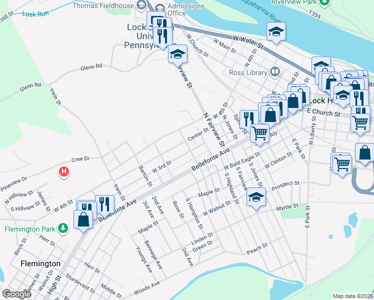 map of restaurants, bars, coffee shops, grocery stores, and more near 120 Center Street in Lock Haven