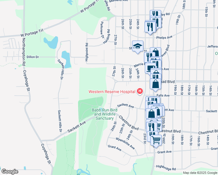 map of restaurants, bars, coffee shops, grocery stores, and more near 2700 Broad Boulevard in Cuyahoga Falls