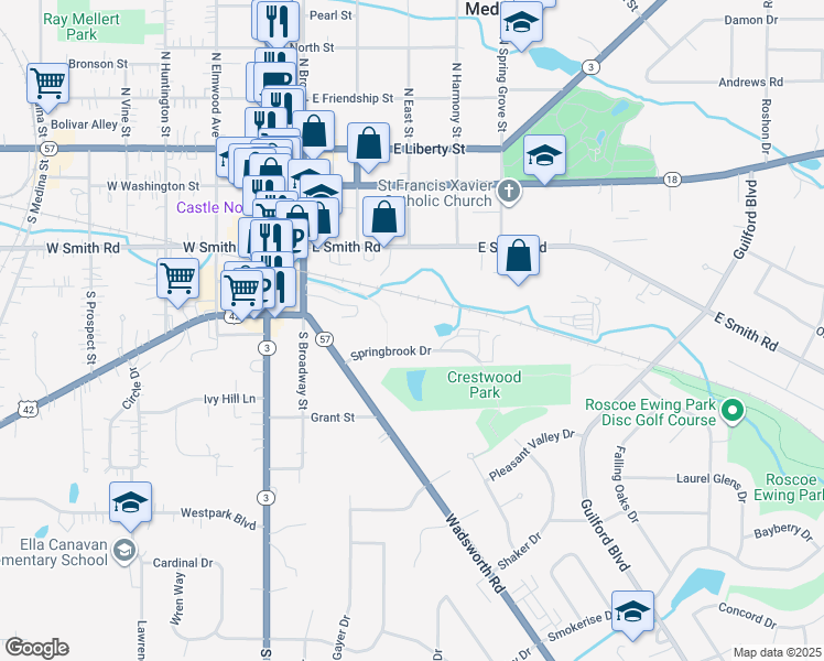 map of restaurants, bars, coffee shops, grocery stores, and more near 345 Springbrook Drive in Medina