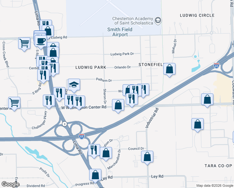 map of restaurants, bars, coffee shops, grocery stores, and more near 1022 Wolverton Drive in Fort Wayne