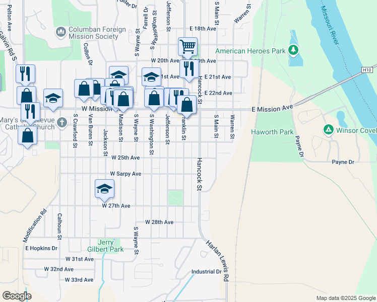 map of restaurants, bars, coffee shops, grocery stores, and more near 2311 Franklin Street in Bellevue