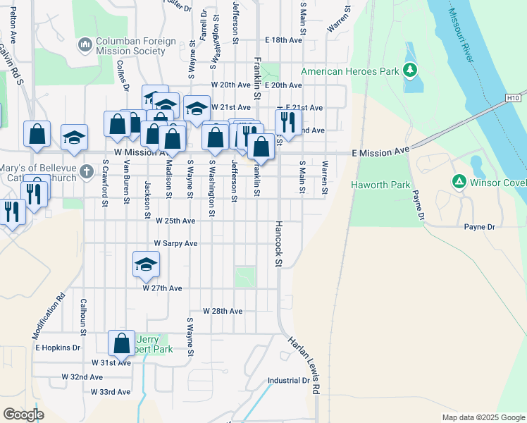 map of restaurants, bars, coffee shops, grocery stores, and more near 2311 Franklin Street in Bellevue