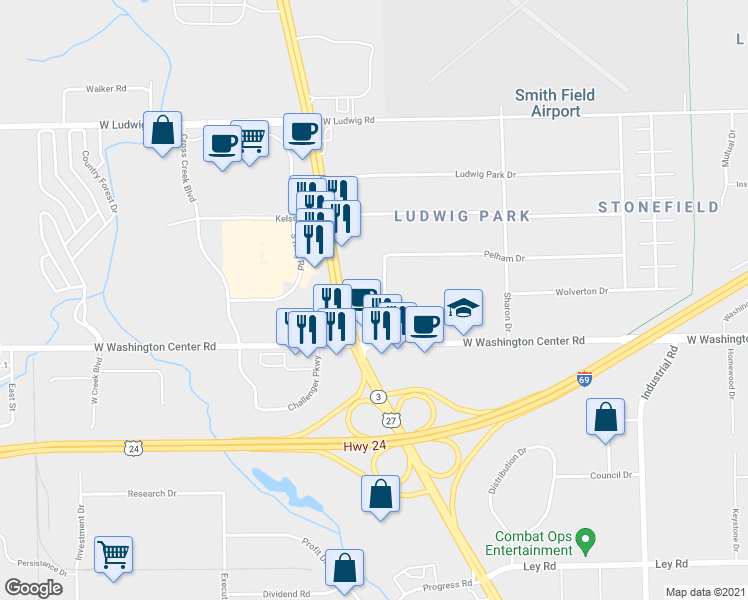 map of restaurants, bars, coffee shops, grocery stores, and more near 6011 Oregon Drive in Fort Wayne