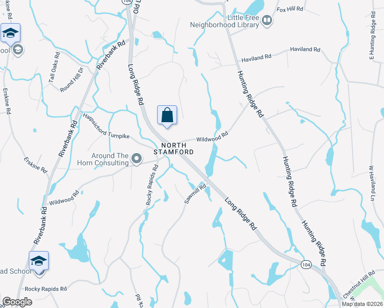 map of restaurants, bars, coffee shops, grocery stores, and more near 136 Wildwood Road in Stamford