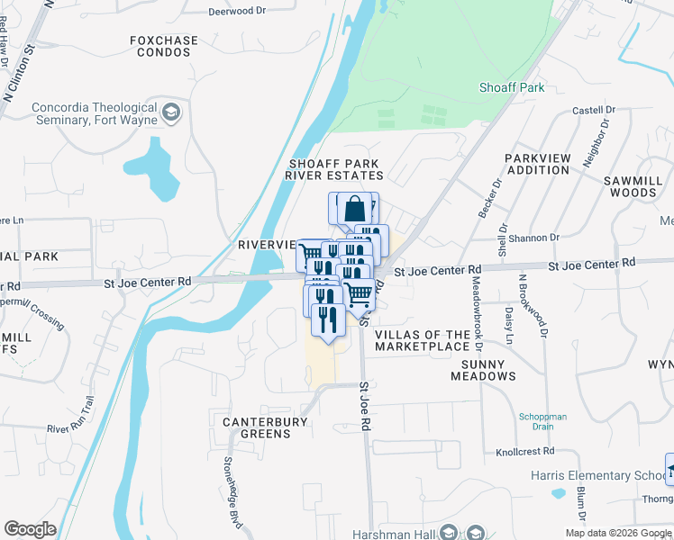 map of restaurants, bars, coffee shops, grocery stores, and more near 3115 Upper Saint Joe Center Road in Fort Wayne