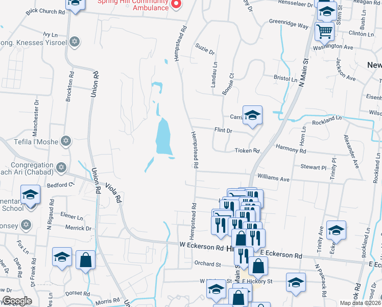 map of restaurants, bars, coffee shops, grocery stores, and more near 66 Hempstead Road in Spring Valley