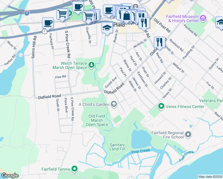 map of restaurants, bars, coffee shops, grocery stores, and more near 20 Somerville Street in Fairfield