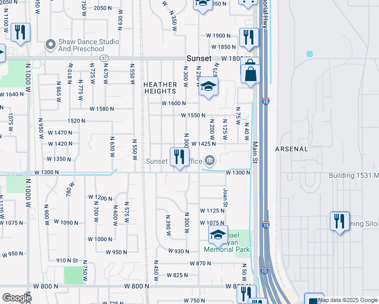 map of restaurants, bars, coffee shops, grocery stores, and more near 1378 North 300 West in Sunset