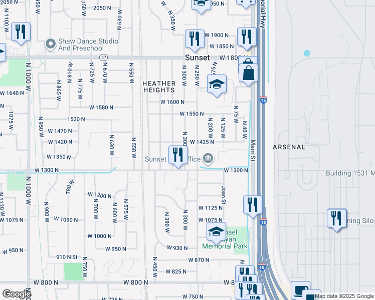 map of restaurants, bars, coffee shops, grocery stores, and more near 1378 North 300 West in Sunset