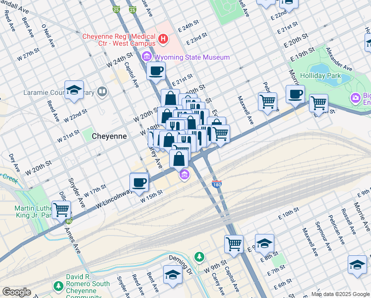 map of restaurants, bars, coffee shops, grocery stores, and more near 118 East 17th Street in Cheyenne