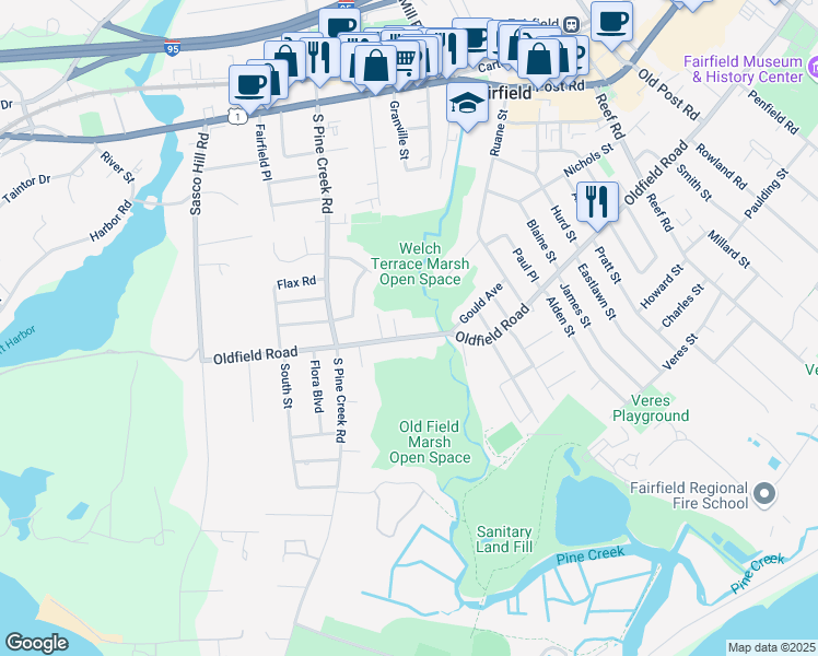map of restaurants, bars, coffee shops, grocery stores, and more near 820 Oldfield Road in Fairfield