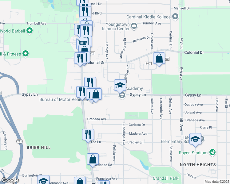 map of restaurants, bars, coffee shops, grocery stores, and more near 2922 Roosevelt Drive in Youngstown
