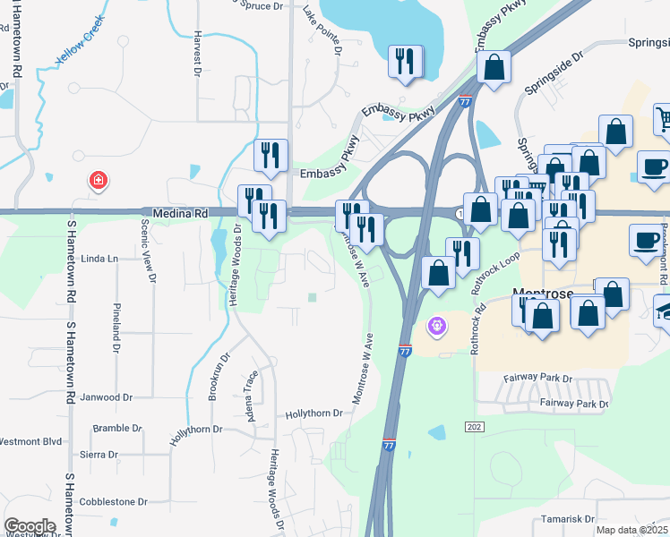map of restaurants, bars, coffee shops, grocery stores, and more near 40 Hunt Club Drive in Akron