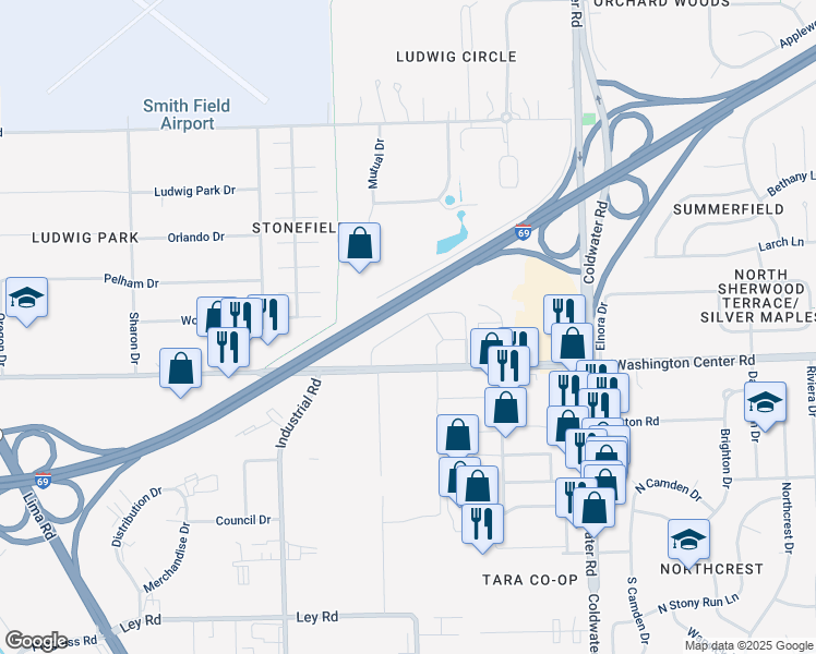 map of restaurants, bars, coffee shops, grocery stores, and more near Highway 24 in Fort Wayne