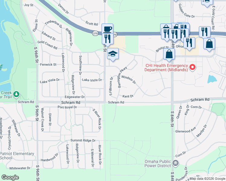 map of restaurants, bars, coffee shops, grocery stores, and more near 1706 Barrington Parkway in Papillion
