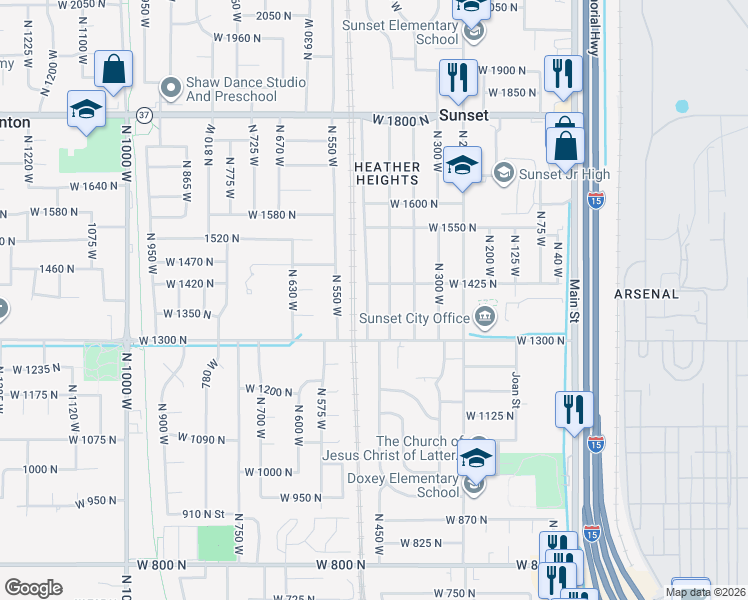map of restaurants, bars, coffee shops, grocery stores, and more near 1384 North 475 West in Sunset