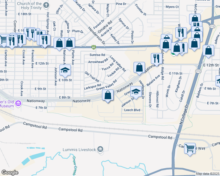 map of restaurants, bars, coffee shops, grocery stores, and more near 813 Old Trail Road in Cheyenne