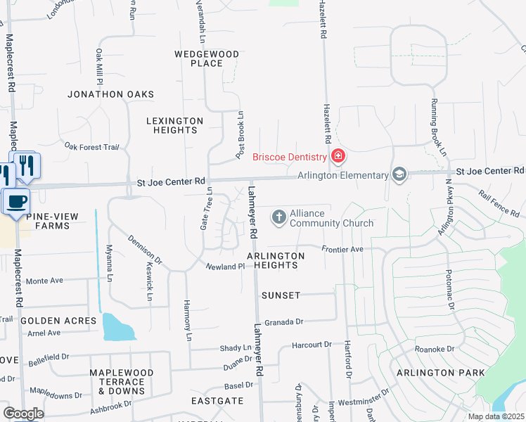 map of restaurants, bars, coffee shops, grocery stores, and more near 7427 Diane Drive in Fort Wayne