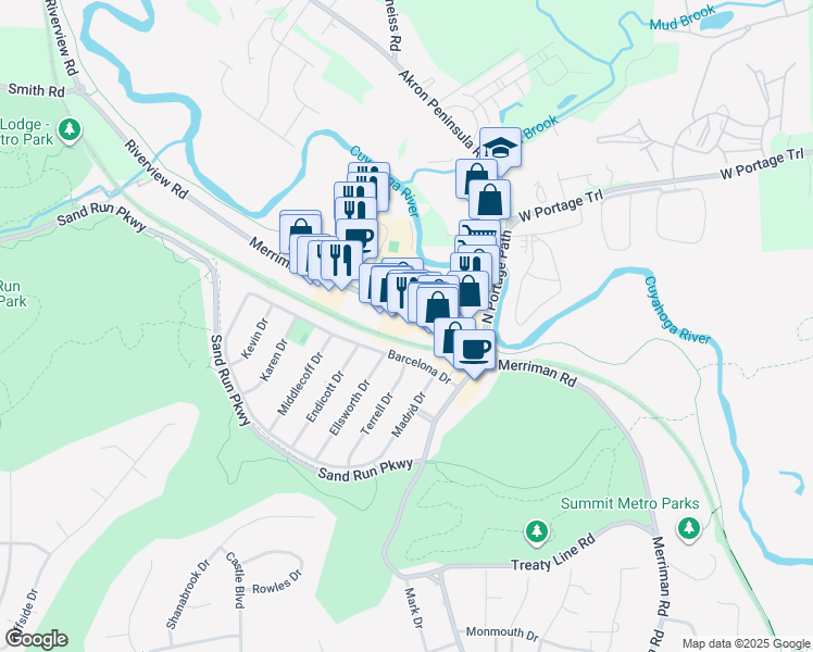 map of restaurants, bars, coffee shops, grocery stores, and more near 1730 Merriman Road in Akron