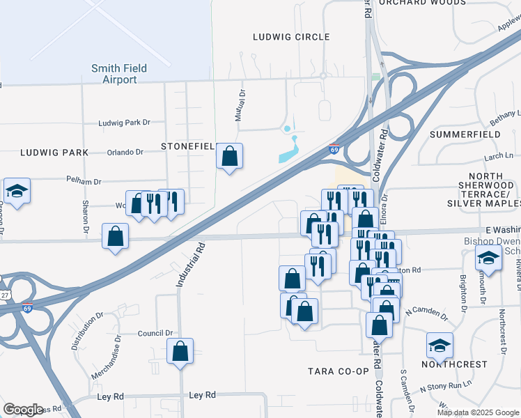 map of restaurants, bars, coffee shops, grocery stores, and more near West Washington Center Road in Fort Wayne