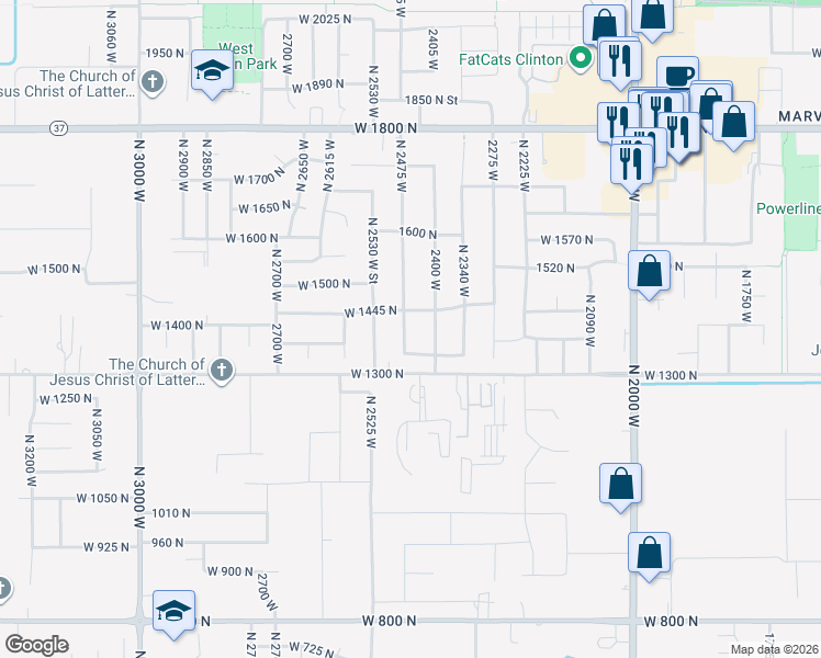map of restaurants, bars, coffee shops, grocery stores, and more near 1398 North 2475 West in Clinton