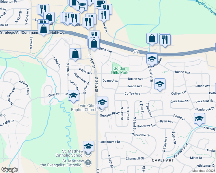 map of restaurants, bars, coffee shops, grocery stores, and more near 3418 Joann Avenue in Bellevue