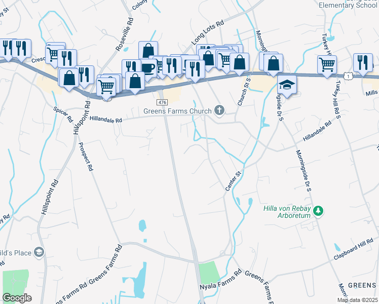 map of restaurants, bars, coffee shops, grocery stores, and more near 3 Wynfromere Lane in Westport