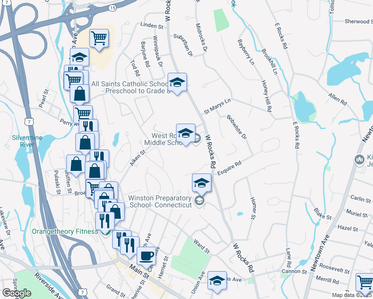 map of restaurants, bars, coffee shops, grocery stores, and more near 81 West Rocks Road in Norwalk