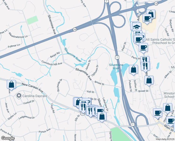 map of restaurants, bars, coffee shops, grocery stores, and more near 100 Silvermine Avenue in Norwalk