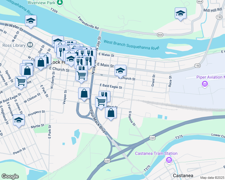 map of restaurants, bars, coffee shops, grocery stores, and more near 355 East Bald Eagle Street in Lock Haven