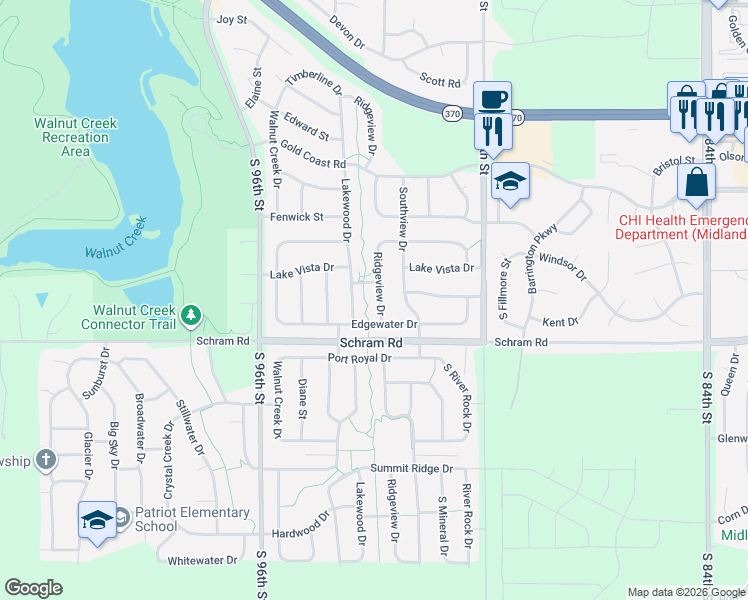 map of restaurants, bars, coffee shops, grocery stores, and more near 1902 Ridgeview Drive in Papillion