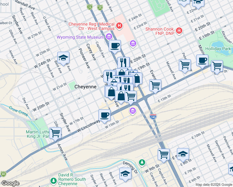 map of restaurants, bars, coffee shops, grocery stores, and more near 204 West 18th Street in Cheyenne