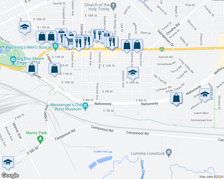 map of restaurants, bars, coffee shops, grocery stores, and more near 2542 East 9th Street in Cheyenne