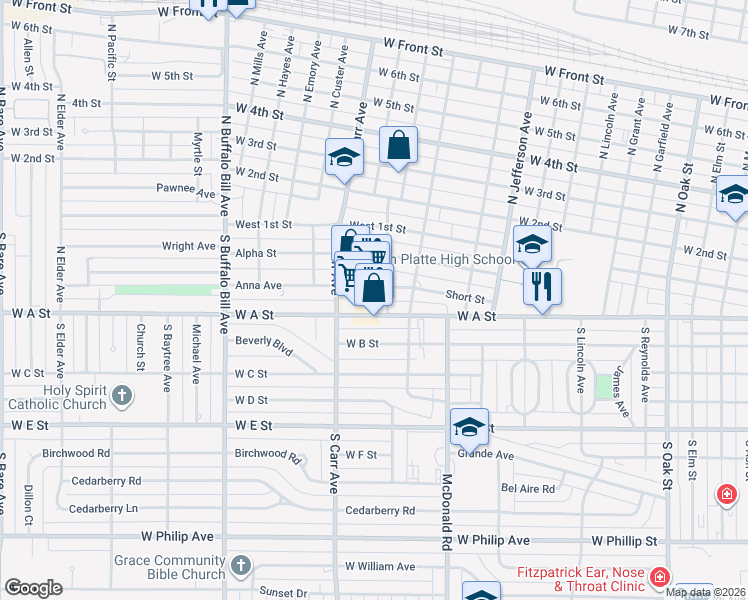 map of restaurants, bars, coffee shops, grocery stores, and more near 1811 West A Street in North Platte