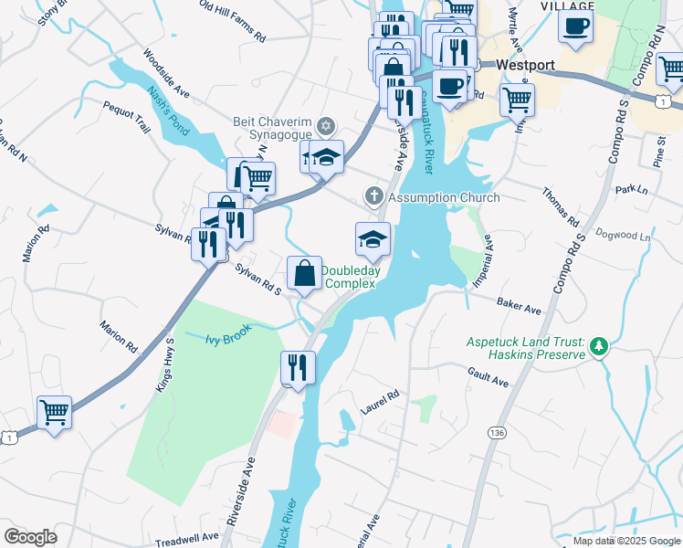 map of restaurants, bars, coffee shops, grocery stores, and more near 170 Riverside Avenue in Westport