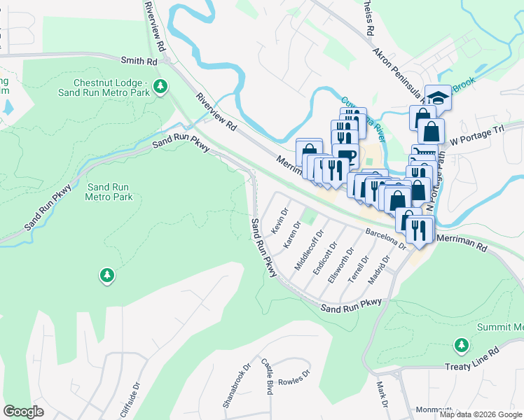 map of restaurants, bars, coffee shops, grocery stores, and more near 1510 Hilton Drive in Akron